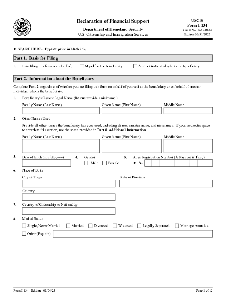 Instructions for Form I 134, Declaration of Financial Support 2023-2025